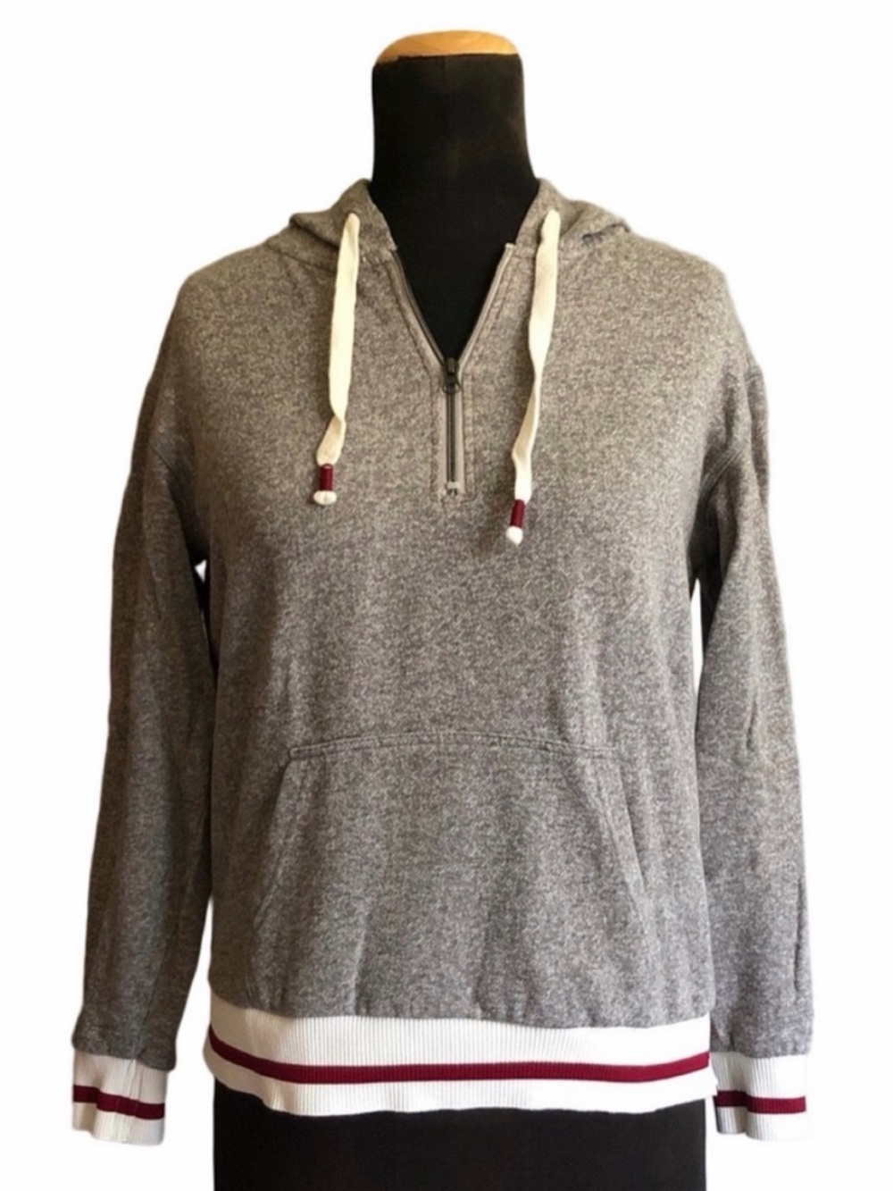 Gray Half-Zip Hoodie with White & Red Stripe Hem, Ladies M